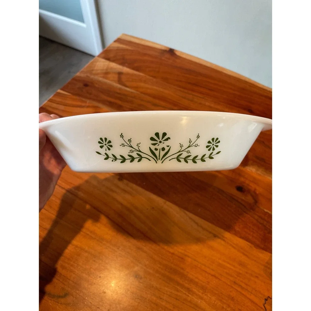 Vintage Glasbake Milk Glass Green Daisy Casserole & Divided Dish Set 2pc J2352